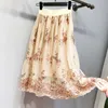 Röcke Hohe Qualität Frühling Frauen Mode Voile Pailletten Stickerei Gaze Rock Damen Retro A-linie Mittlere Wade Urban Swing