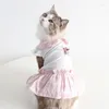 Vestuário para cães 2023 Vestidos de primavera e verão com coleira de boneca Gold Thread Check Impresso Pet Saia Bonito Acessórios Doces