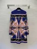 Autumn Blue Chains Print Panelled Dress Long Sleeve Round Neck Pockets Short Casual Dresses B3G041818