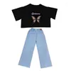 Kledingsets Meisjes Set Zomer Vlinderpatroon Korte mouw T-shirt Wijde pijpen Broek 2 STKS Pak voor kinderkleding Mode Kindoutfits