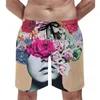 Shorts masculinos placa de verão abstrato mulheres cabeça esportes fitness bouquet vermelho flor impressão praia calças curtas casuais secagem rápida troncos de natação