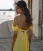 Party Dresses Classic Long Yellow Spaghetti Straps Evening Mermaid Pleated Small Train Dxkedja Prom Dress Abendkleider för kvinnor