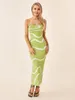 Casual Dresses WSevypo Abstract Wavy Print Spaghetti Strap Knit Long Dress Women's Summer Cami Elegant Fashion Backless Slip Wrap