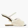 Women First Sandals Shoes Fur wool Strap F-shape Peep Toe Wedge Black Nude White Calf Leather Walking Lady Dress Wedding Sandalias Elegant Brand heels with box