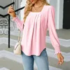 Women's Blouses Elegant Womens Tight Pleated Tunic Shirts Long Puff Sleeve Square Collar Tee Lady Office Blouse Pink Top Camisas