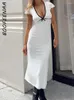 Vestidos informales BOOFEENAA Manga corta Cuello en V profundo Vestido largo Vestido largo Estilo francés Elegante Sexy Blanco para mujeres 2023 Otoño C16-CE15