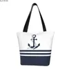 Shopping Bags Kawaii Print Nautical Blue Anchors Stripes Tote Bag Portable Canvas Shopper Shoulder Sailing Sailor Handbag
