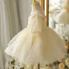 Robes de fille jaune Tulle gonflé fleurs filles nœud perles paillettes manches courtes robes de bal col rond mariage fête d'anniversaire robe de bal