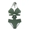 Women Swimwear Solid Color Sexy Bikinis Set High Waist Cross Strap Female Two Piece Beach Resort Hot Spring Swimsuit