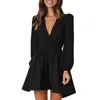 Robes décontractées femmes manches longues col en V volants robe à volants taille élastique une ligne fête mini streetwear