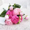 Decorative Flowers 1 Bouquet Red Rose Pink Silk Artificial 5 Big Head And 4 Bud Fake For Home Wedding Decoration