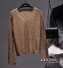 Kadın Sweaters Cakucool Kadın Altın Lurex Örgü Top Pullover Puined V Yastık Uzun Parlamış Kovan Jumper'ları Boncuk İnce Sweater Gömlek Kadın