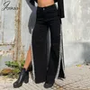 Jeans femininos joskaa mulheres casual vento alta lavagem oco out baggy split calças estreitas 2023 moda streetwear