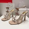 RENE CAOVILLA CATERINA CRYTAL BEIGE SANDAL 100mm Bowtie Stiletto Heel Linestoneイブニングシューズスクエアトゥースアンクルストラップパーティードレスシューズ高級デザイナーシューズ