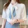Женские блузки, белые модные повседневные рубашки с короткими рукавами в Корейском стиле с контрастной лентой и бантом, летние профессиональные рубашки