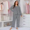 Women's Sleepwear Women 2pcs Pajamas Suit With Pocket Black Striped Spring Autumn Intimate Lingerie Casual Big Size Sleep Set Nightwear