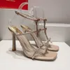 RENE CAOVILLA CATERINA CRYTAL BEIGE SANDAL 100mm Bowtie Stiletto Heel Linestoneイブニングシューズスクエアトゥースアンクルストラップパーティードレスシューズ高級デザイナーシューズ