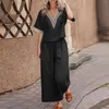 Pantalones de dos piezas para mujer, traje informal de verano a la moda, camisa holgada de lino y encaje con empalme, pantalones, conjunto de dos piezas con cuello en V y manga corta