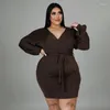 Plus Size Jurken Mode Vrouwen Jurk Lange Mouw V-hals Effen Kleur Losse Westerse Stijl Trui Geplooide Dames Voor De Herfst