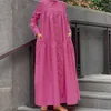Etniska kläder Dubai Arab Spring and Autumn Muslim Fashion Loose Style Pendlar Cardigan Standing Collar Long Solid Cotton Linen Dress