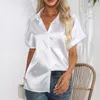 Blusas femininas 2023 verão manga curta camisa de seda feminina moda botão blusa de cetim escritório sólido solto topos blusas camisas casuais elegantes