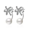 Stud Earrings Flash Bow Pearl Korean Temperament Zircon Back Hanging Fashion Exquisite Shiny CZ