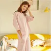 Mulheres sleepwear verão feminino casual solto pijama conjuntos senhoras algodão terno feminino meia manga t camisa bezerro calças de comprimento 2 peças