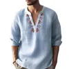 Men's T Shirts Men Long-sleeved Shirt Geometric Print V-neck Long Sleeve Pullover With Loose Fit Solid Color Buttoned