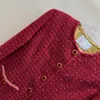 2023秋の赤い固形色のツイードジャケット長い袖の丸い首のダブルポケットシングルブレストジャケットコートショートアウトウェアZ3S010618