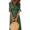 Casual Dresses Women Fashion Solid Color Deep V Neck Tied Half Sleeve Button Party Long Dress Summer Female Clothes Vestidos