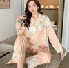 Women's Sleepwear 2PCS Women Pajamas Sets Sexy Turn-Down Collar Rayon Pyjamas Suit Lace Floral Trim Nightwear Casual M-XXL Home Clothes