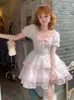 Summer Pink Kawaii Lolita Dres Puff Sleeve Japanese Sweet Party Mini Dress Bow Chiffon France Princess Fairy 230808