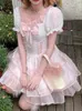 Été rose Kawaii Lolita Dres manches bouffantes japonais doux fête Mini robe nœud en mousseline de soie France princesse fée 230808