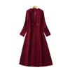 2023 Autumn Wine Red Solid Color Panelled Slim Dress Long Sleeve V-Neck Midi Casual Dresses S3S020831