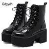 Stiefel Gdgydh Frau Spitze Herbst Stiefel Damen Damen Chunky Wedge Plattform Schwarz Lackleder Stiefeletten Punk Goth Ankunft 230901