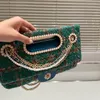 23A Westminster designer luxury women's pearl tweed shoulder bag tweed crossbody bag three chain handbag Leather chain moss green fur