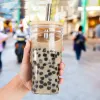 24 oz Transparent Sublimation Travel Car Glass Juice Cold Brew Coffee Tumbler Mug with Bamboo Lid And Straw Sep04