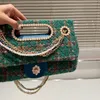 23A Westminster designer luxury women's pearl tweed shoulder bag tweed crossbody bag three chain handbag Leather chain moss green fur