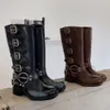 Harness Kemer Tokalı Cowhide Deri Biker Diz Botlar tıknaz Topuk Zip Şövalye Botlar Moda Kare Ayak Bilgi Kadınlar İçin Lüks Tasarımcı Ayakkabı