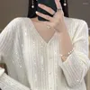 Malhas femininas 2023 outono camisola cardigan casaco com decote em v lantejoulas pérola botão sólido malha topo moda coreana S-2XL