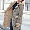 Women's Wool Blends Autumn Winter Wool Coat Women Plaid Sheep Shear Leather Fur Mid Long Coats Plus Velvet Thick Hooded Warm Wool Lady Coat HKD230904