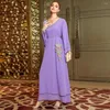 Vêtements ethniques Mousseline de soie Abaya Femmes Musulmanes Élégantes Col V Violet Robe de broderie avec ceinture Islamique Arabe Solide Kaftan Dubai Lady Robe