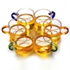 Bicchieri da vino 6 pezzi Mini set di tazze da tè con supporto in legno Vetro borosilicato alto Manico colorato Riscaldabile trasparente Kungfu