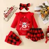 Kläder set ma baby 018m jul född spädbarn baby flicka kläder set bokstäver hjort romper pläd shorts pannband ben varmare xmas outfit d05 230901