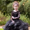 Flickaklänningar långärmad svart blomma rufsar tyll applikationer barn födelsedagsfest bröllop heliga nattvardsgång för barn