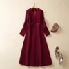 2023 Autumn Wine Red Solid Color Panelled Slim Dress Long Sleeve V-Neck Midi Casual Dresses S3S020831