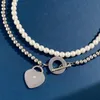 Collana con lettera in acciaio inossidabile con cuore d'amore, design con bracciale, collana con bottoni OT, doppia perla in acciaio, con diamanti, cuore, clavicola, braccialetto a catena con scatola