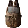 Backpack Large Capacity Man Travel Bag Handmade Oil Genuine Leather Drawstring Bucket Shoulder Daypack Male Mountaineering