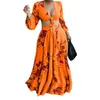Plus storlek klänningar sommar mode afrikanska kvinnor lång ärm v-ringning polyester tryck gul orange gröna två bitar set topp och långa kjolar 230901