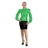 Blouses Femmes Sexy Femmes Brillant PVC Cuir Turn-down Col Puff Manches Longues Slim Office Lady Chemise Boutons-up Blouse Casual Tops